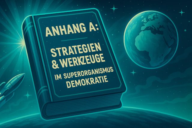 Retro-futuristische Illustration eines Buches mit der Aufschrift „ANHANG A – SYSTEMWERKZEUGE“ im gleichen türkis-blauen Stil wie das Haupt-Handbuch, schwebend im Weltraum neben Planeten und Sternen, als technisches Zusatzmodul zum „Handbuch: Superorganismus Demokratie“.
