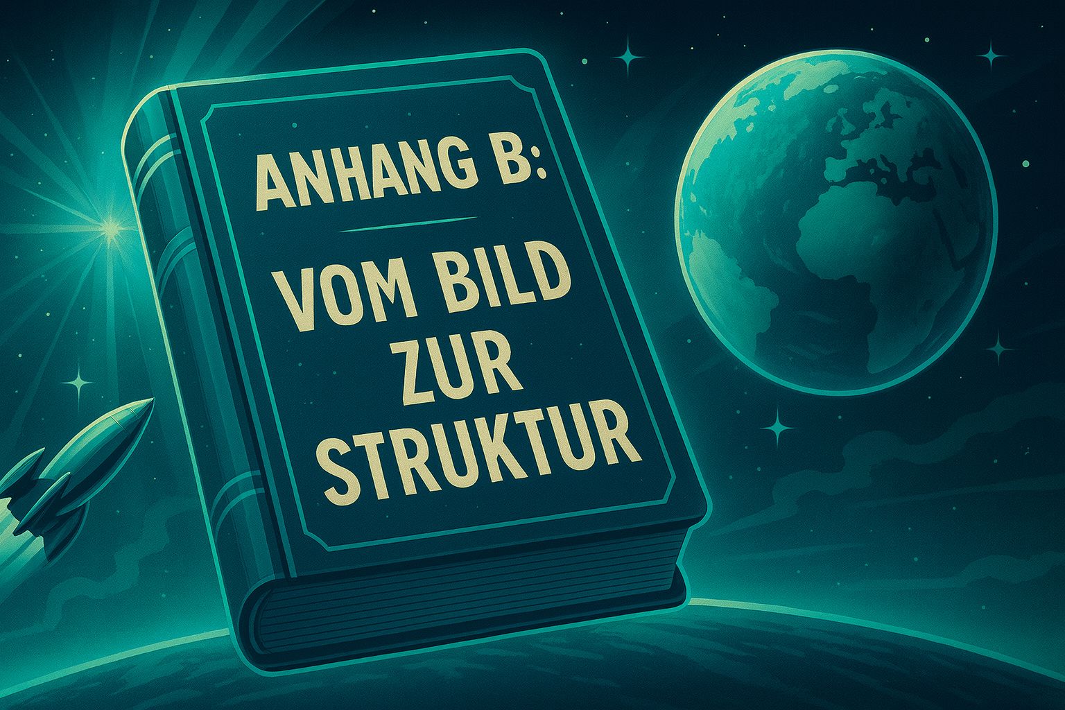 Retro-futuristische Illustration eines Buches mit der Aufschrift „Anhang B: Vom Bild zur Struktur“ im gleichen türkis-blauen Stil wie das Haupt-Handbuch, schwebend im Weltraum neben Planeten und Sternen, als technisches Zusatzmodul zum „Handbuch: Superorganismus Demokratie“.