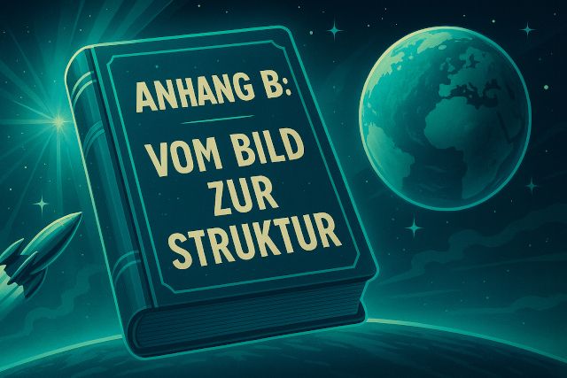 Retro-futuristische Illustration eines Buches mit der Aufschrift „Anhang B: Vom Bild zur Struktur“ im gleichen türkis-blauen Stil wie das Haupt-Handbuch, schwebend im Weltraum neben Planeten und Sternen, als technisches Zusatzmodul zum „Handbuch: Superorganismus Demokratie“.