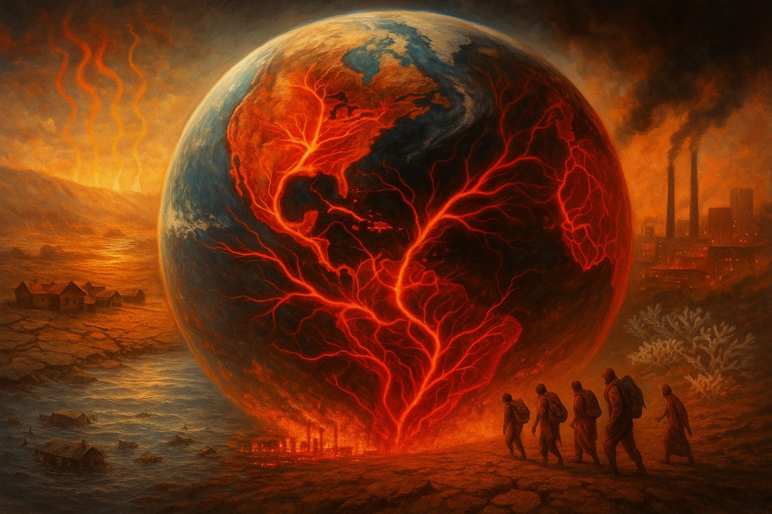 Ein übergroßer Planet steht wie ein glühender Körper in der Landschaft, durchzogen von leuchtend roten Adern, die wie entzündete Blutgefäße wirken – Sinnbild für den überhitzten Stoffwechsel der Erde. Links versinken Häuser in Fluten, rechts zieht eine kleine Gruppe Menschen über vertrockneten Boden davon, während im Hintergrund Fabrikschlote dunklen Rauch in den orange verhangenen Himmel blasen. Das Bild vereint Dürre, Überflutung, Industrialisierung und Flucht zu einem einzigen Moment der Klimakrise „im Jetzt“.