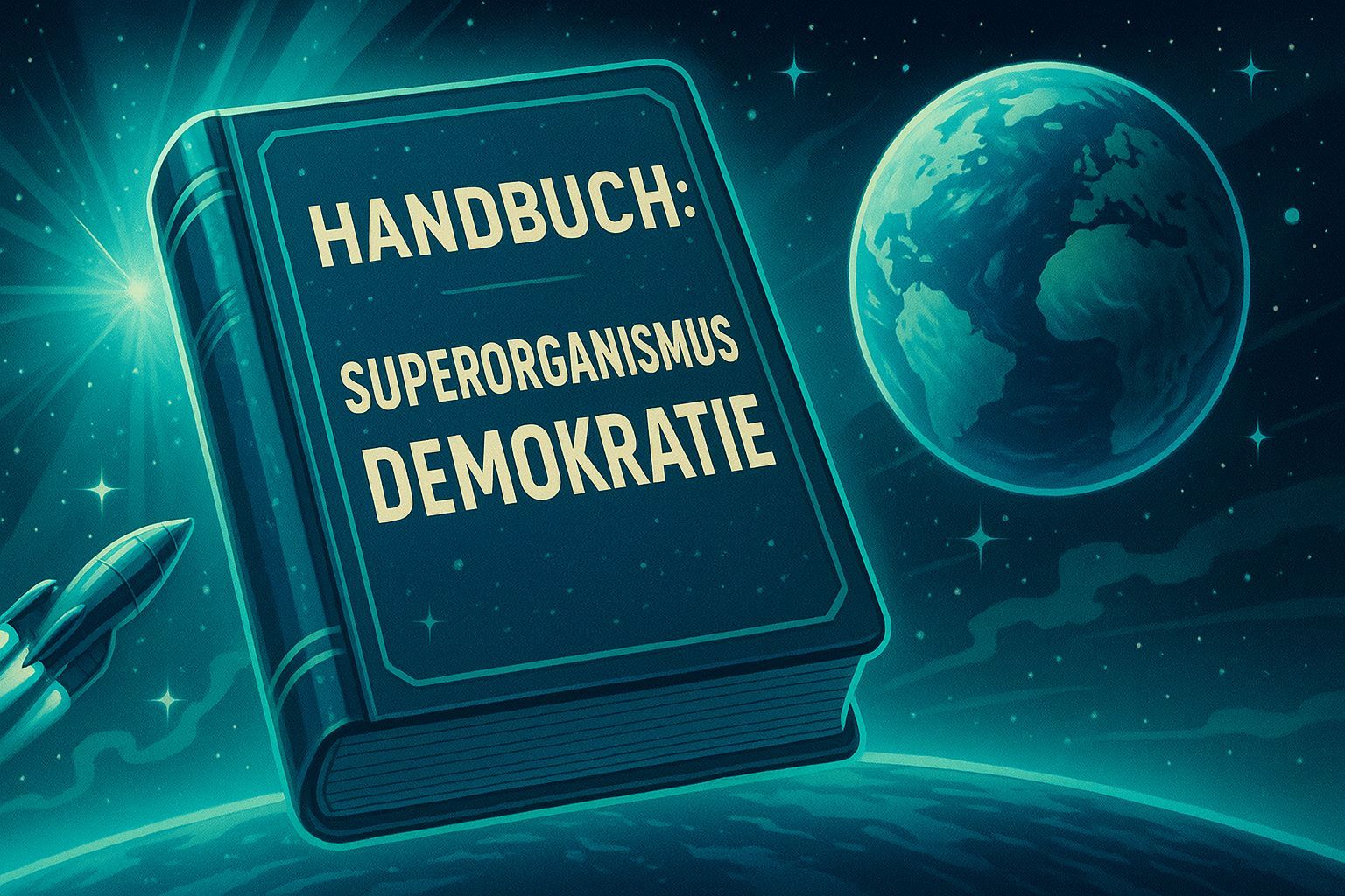 Das Bild zeigt ein großes, leuchtendes Buch, das im Weltraum über einer Planetenoberfläche schwebt. Auf dem Einband steht in klarer Typografie „HANDBUCH: SUPERORGANISMUS DEMOKRATIE“. Links unten fliegt eine kleine Rakete ins Bild, rechts schwebt eine blau-grün leuchtende Erde, umgeben von Sternen und Lichtstrahlen. Der Stil erinnert an retro-futuristische Sci-Fi-Cover der 80er/90er Jahre und vermittelt die Idee eines universellen, fast galaktischen Handbuchs für Demokratien aller Formen und Größen.