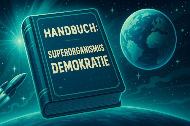 Das Bild zeigt ein großes, leuchtendes Buch, das im Weltraum über einer Planetenoberfläche schwebt. Auf dem Einband steht in klarer Typografie „HANDBUCH: SUPERORGANISMUS DEMOKRATIE“. Links unten fliegt eine kleine Rakete ins Bild, rechts schwebt eine blau-grün leuchtende Erde, umgeben von Sternen und Lichtstrahlen. Der Stil erinnert an retro-futuristische Sci-Fi-Cover der 80er/90er Jahre und vermittelt die Idee eines universellen, fast galaktischen Handbuchs für Demokratien aller Formen und Größen.