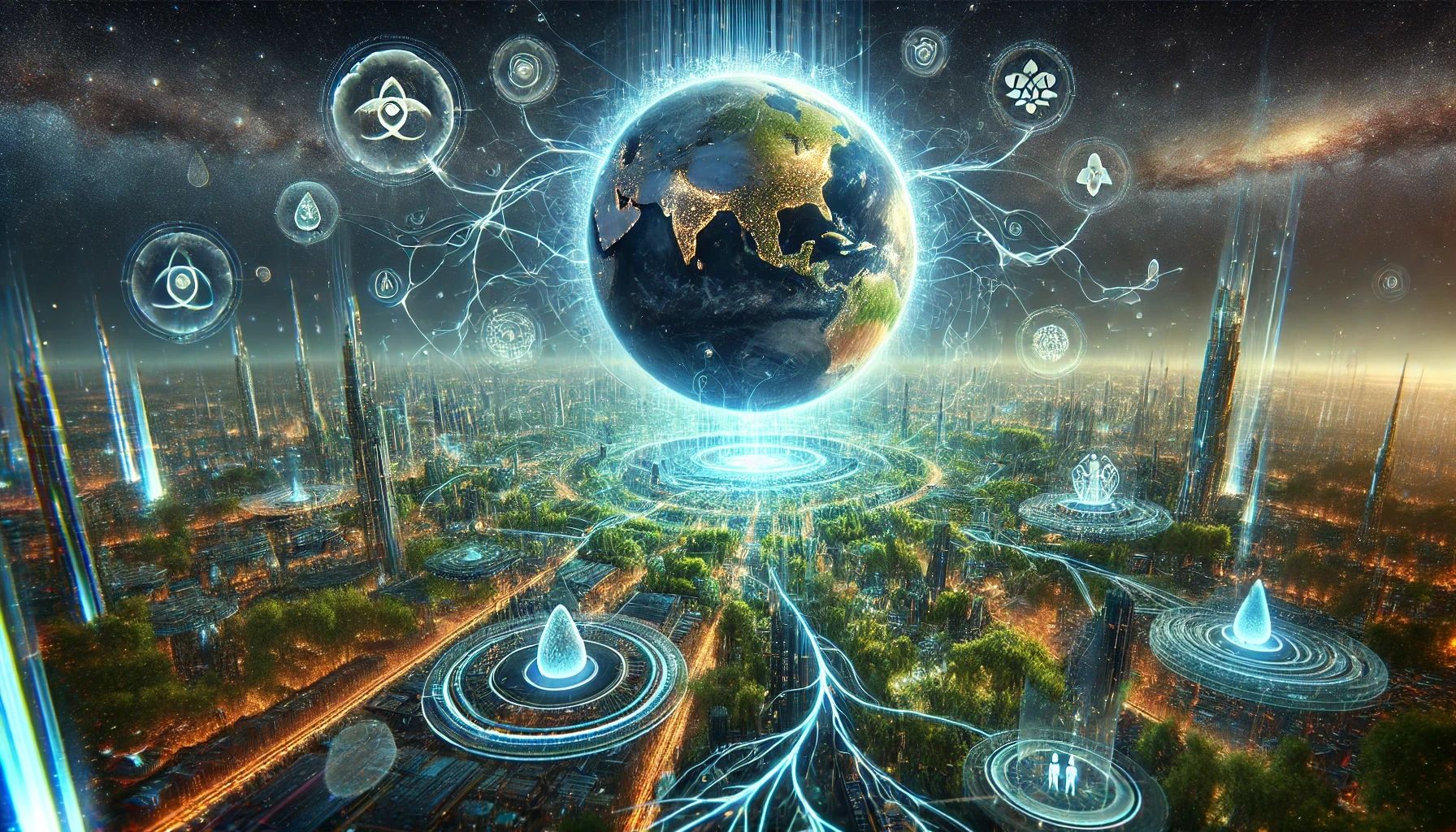 Das Bild zeigt eine futuristische Megastadt, über der eine leuchtende Erde schwebt, aus der sich wie Nervenbahnen glühende Energieadern in die Stadtstruktur verzweigen. Auf Plattformen und in schwebenden Kugeln sind abstrakte Symbole und Tropfen zu sehen, die wie Organe oder Funktionsknoten eines globalen Systems wirken. Insgesamt vermittelt die Szene die Idee einer vernetzten Menschheit als Superorganismus auf „Raumschiff Erde“, in dem Natur, Technologie und Energieflüsse eng verbunden sind.